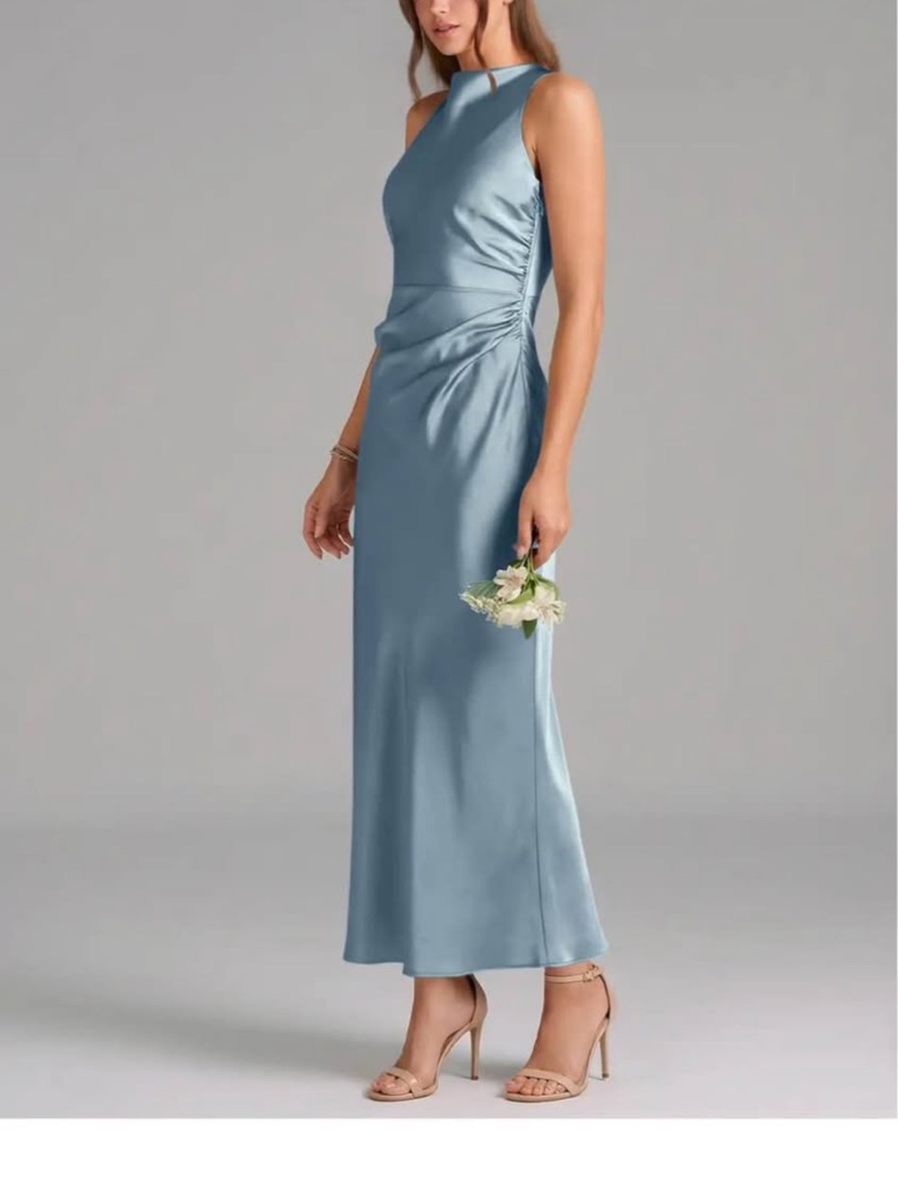 Satin High-Neck Ruched Side Maxi Dress - Dusty Blue